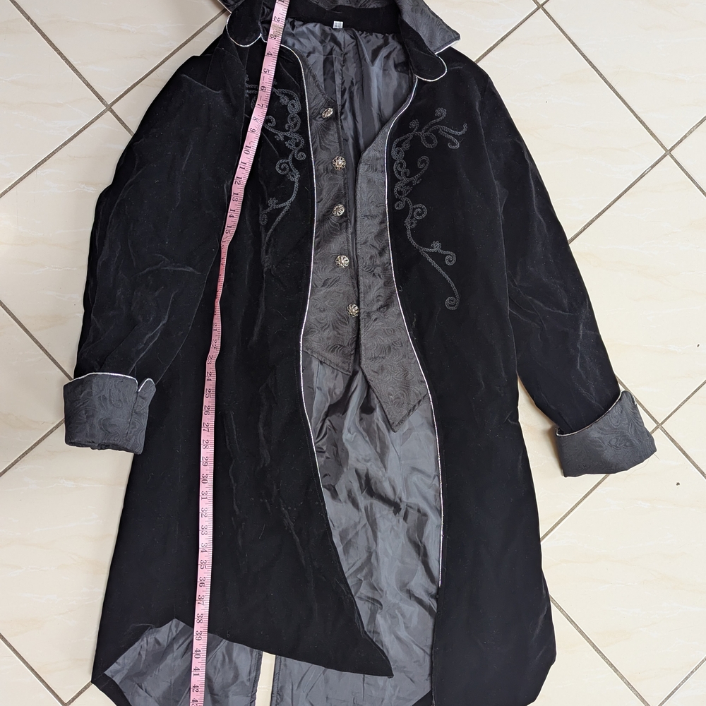 Victorian-Inspired Black Velvet Long Coat with Embroidered Detail